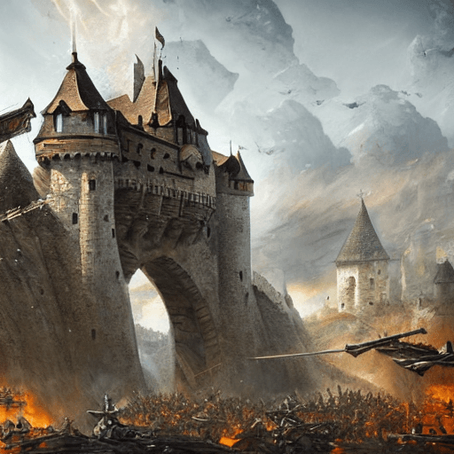 AI generated: army defending stone bridge of a castle from a large attacking force, digital art, 4 k, epic, intens...