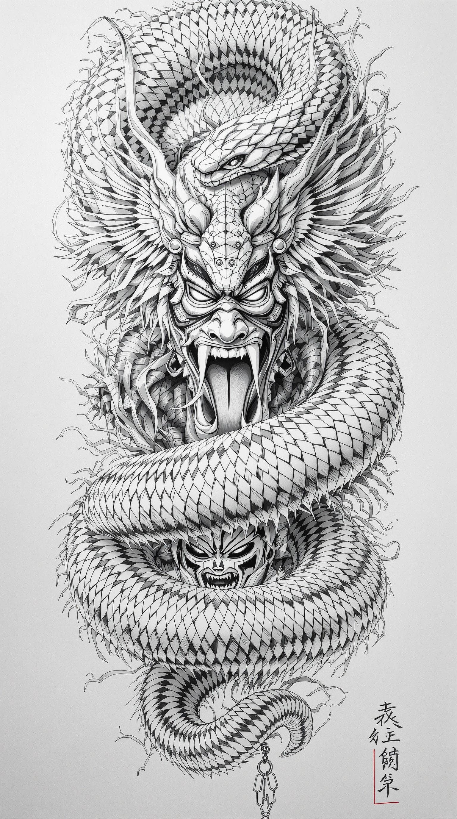 AI generated: A snake, black and white pencil drawings,Countless Japanese masks wrap around the subject