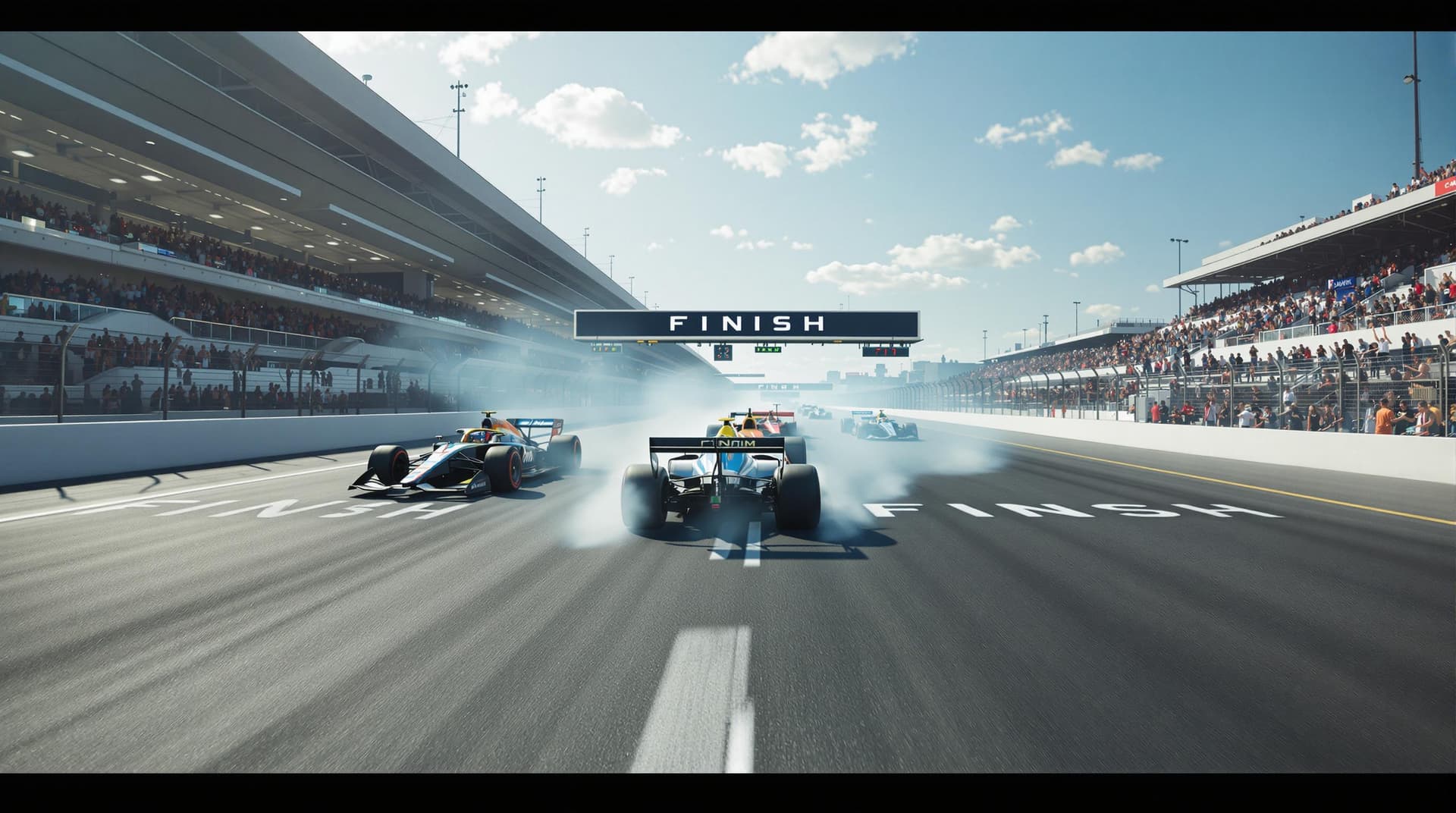 AI generated: The wide track is well lit by the sun.  Tension is increasing. A FINISH transporter over a wide race...
