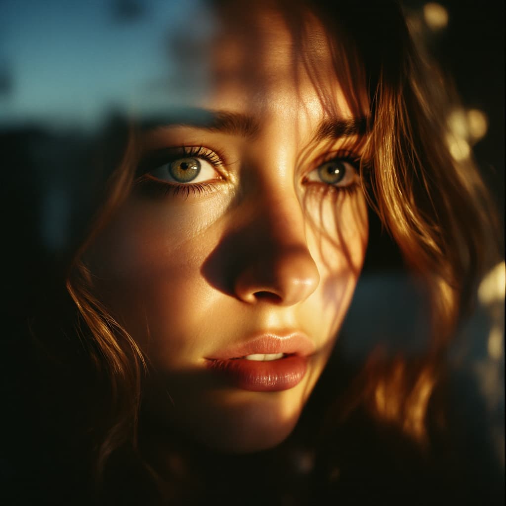 AI generated: Close-up portrait of a woman, her face lit by the soft glow from outside the window, her eyes reflec...
