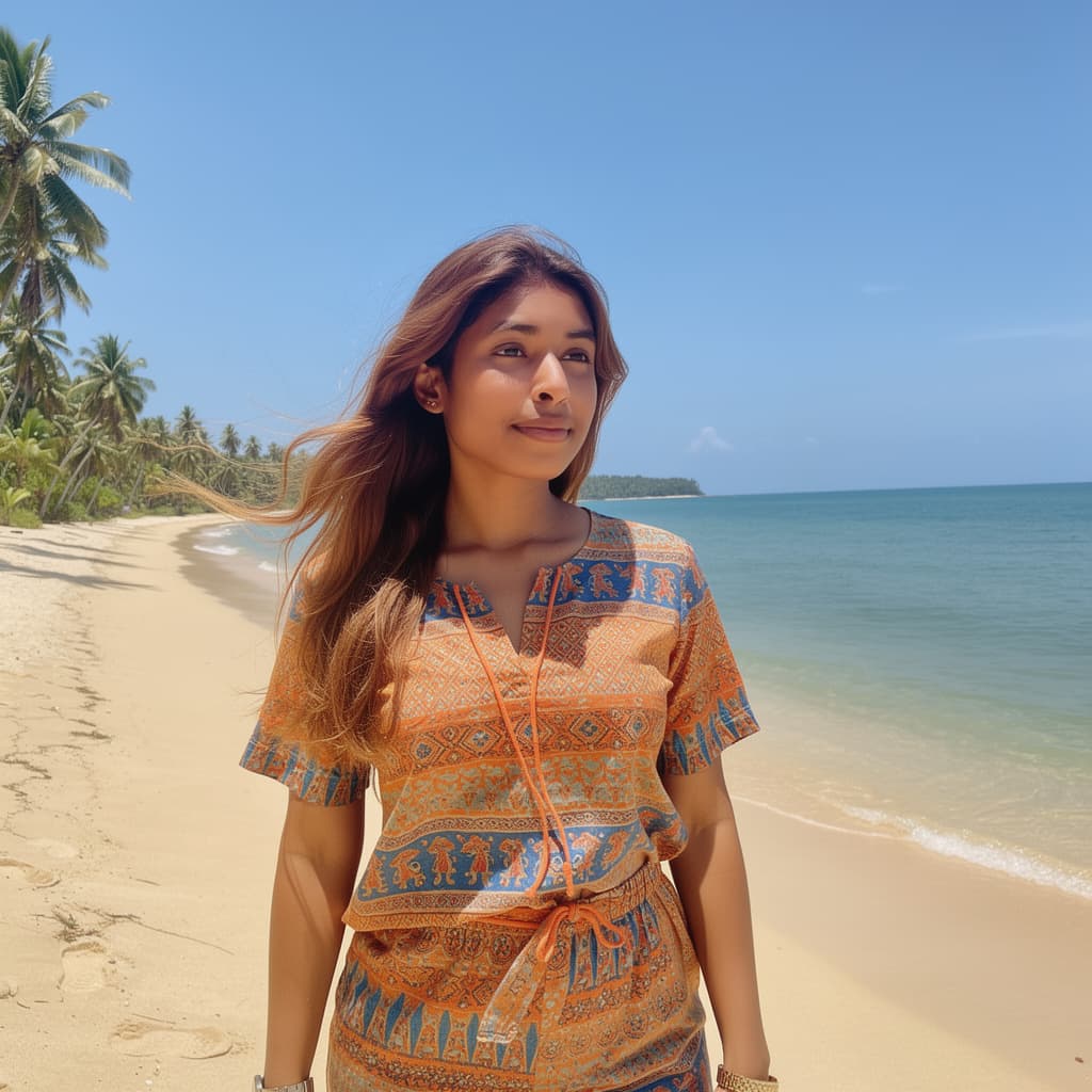 AI generated: A young woman with long, wavy brown hair, smiling brightly on a sunny beach. She wears a colorful, p...