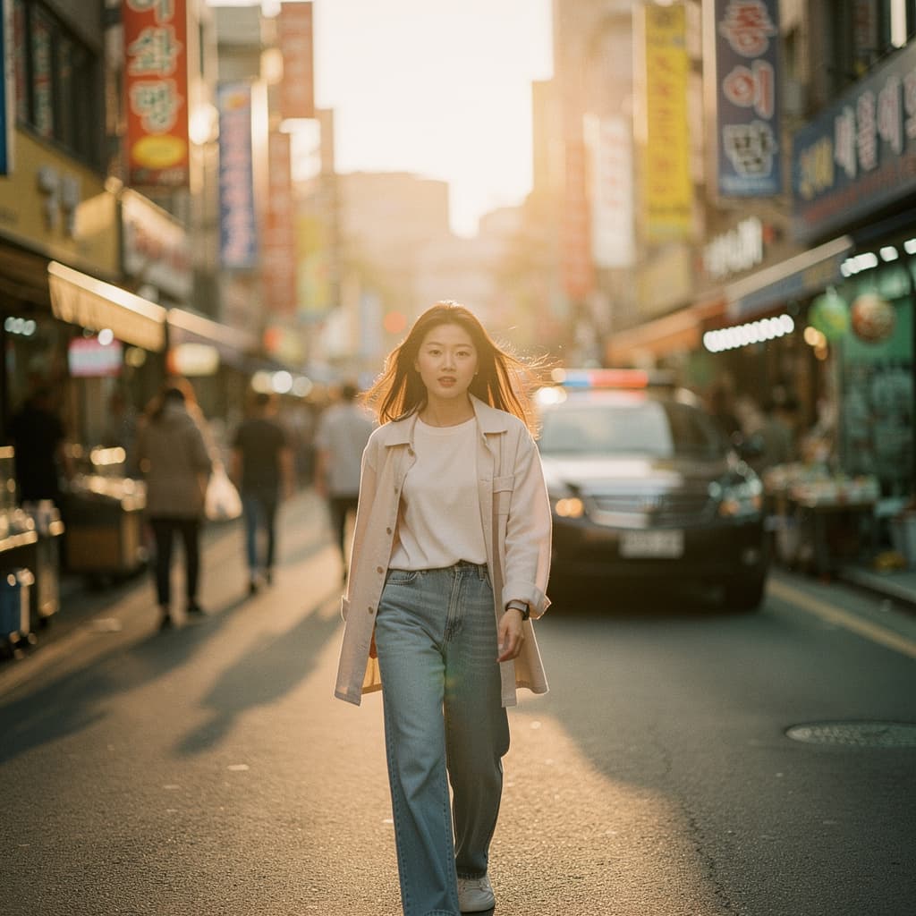 AI generated: Korean woman, mid 20's, street scene, in the style of Kodak Gold 200