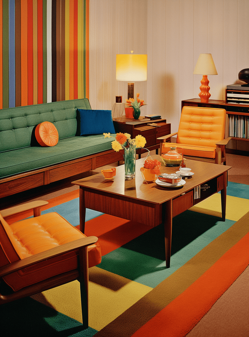 AI generated: A vintage interior design magazine page from the mid 20th century, featuring an elegant living room ...