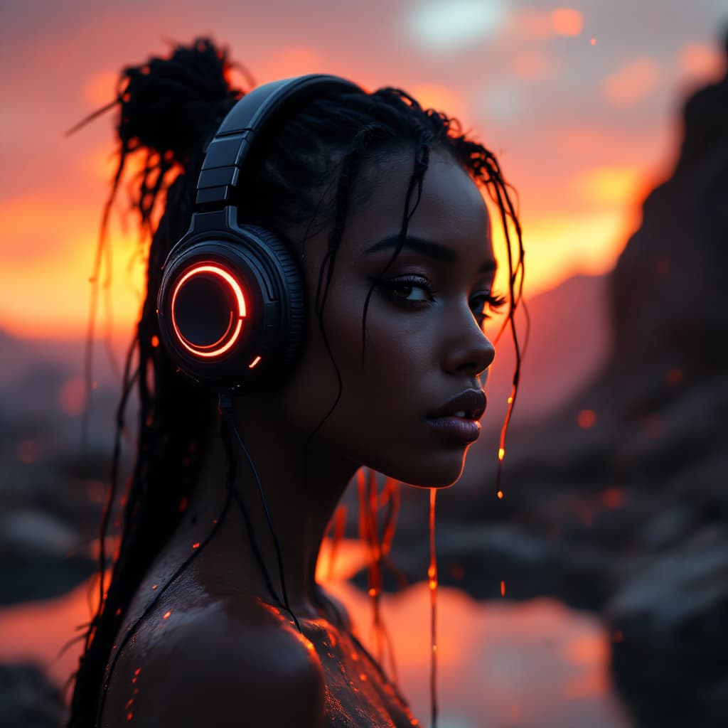 AI generated: Girl wearing headphones image left side cyborg style, cyberpunk landscape with orange and black colo...