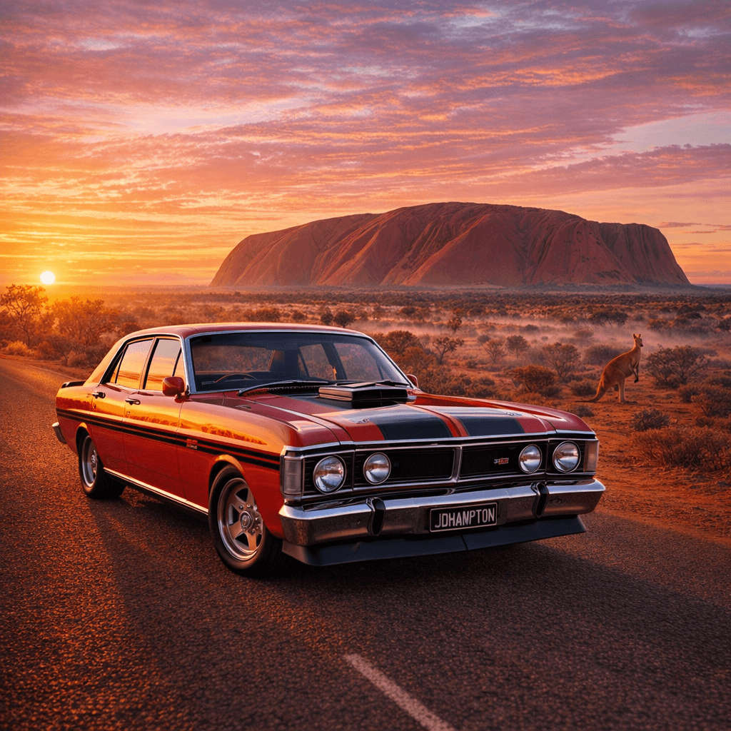 AI generated: Ultra-realistic photograph of 80s Toyota Landcruiser parked on the Stuart Highway a desert road at s...