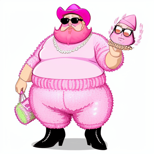 AI generated: overweight, white male, Pink fuzzy type sweater, Pink, sequin, Knee length tight skirt on a fat man,...