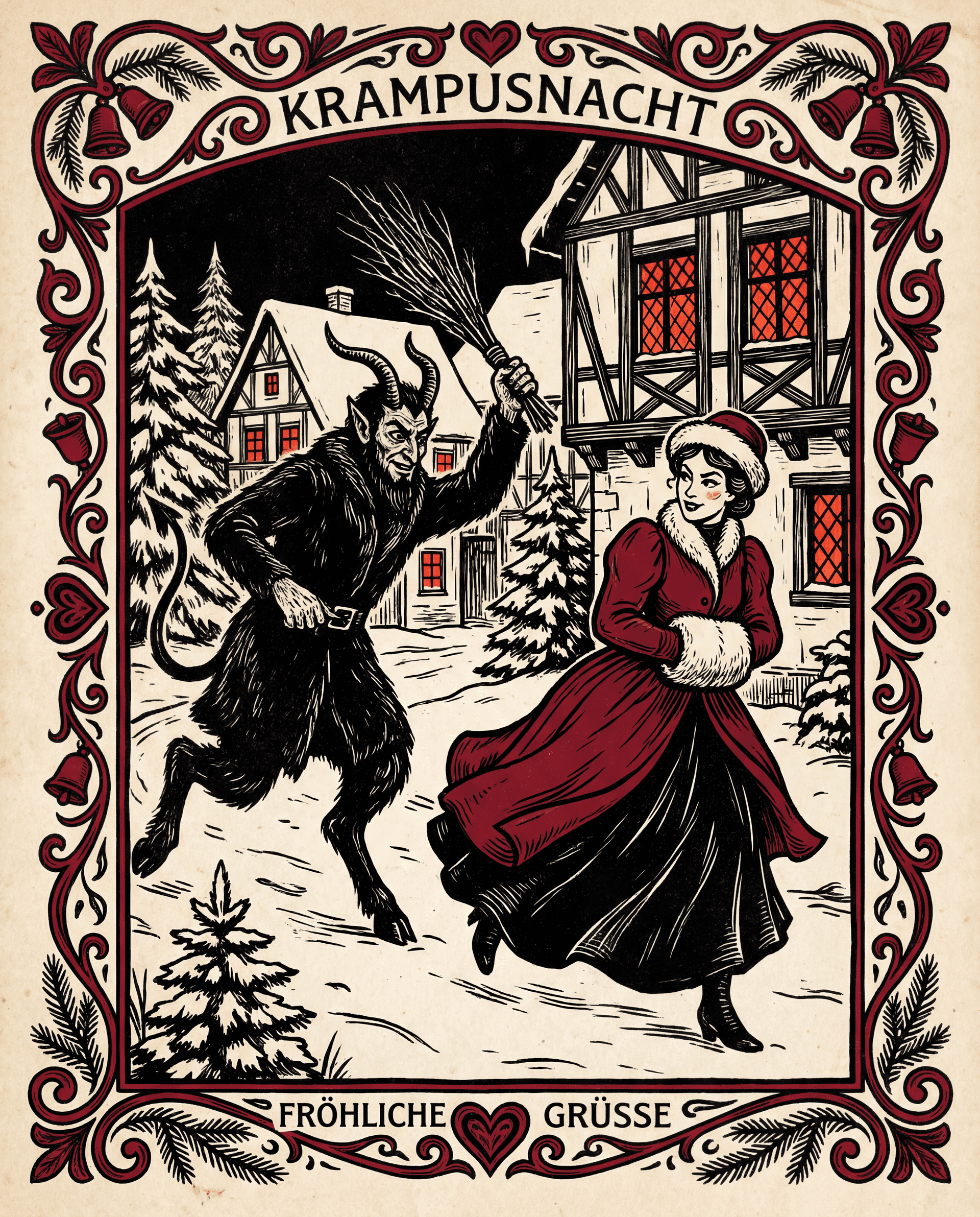 AI generated: 1940s woodcut print aesthetic. Krampus pursuing elegant woman with prominent bust through snowy vill...