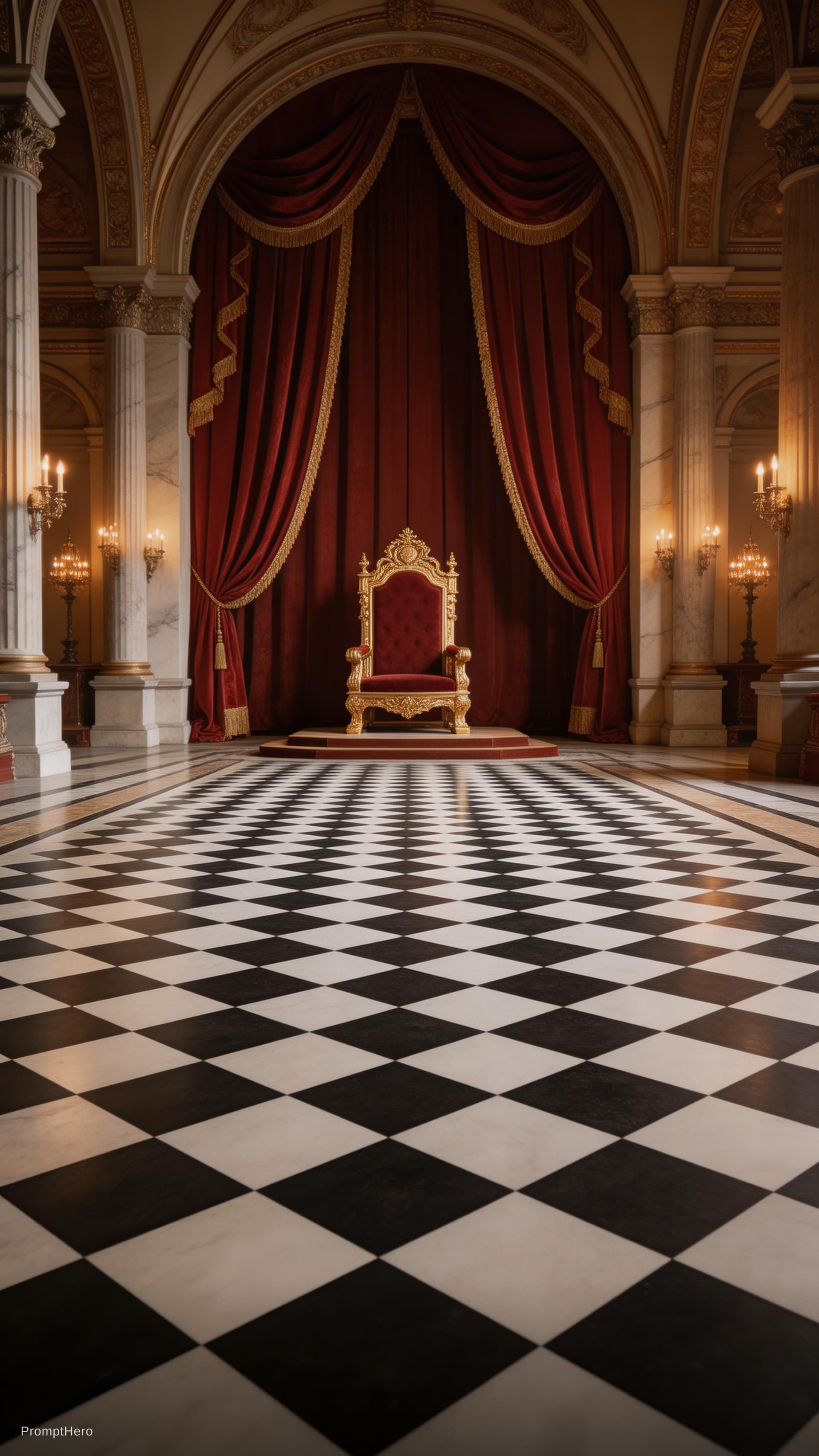 AI generated: show a chess  road and a throne with drapes and throne front view angle.  Panorama effect.