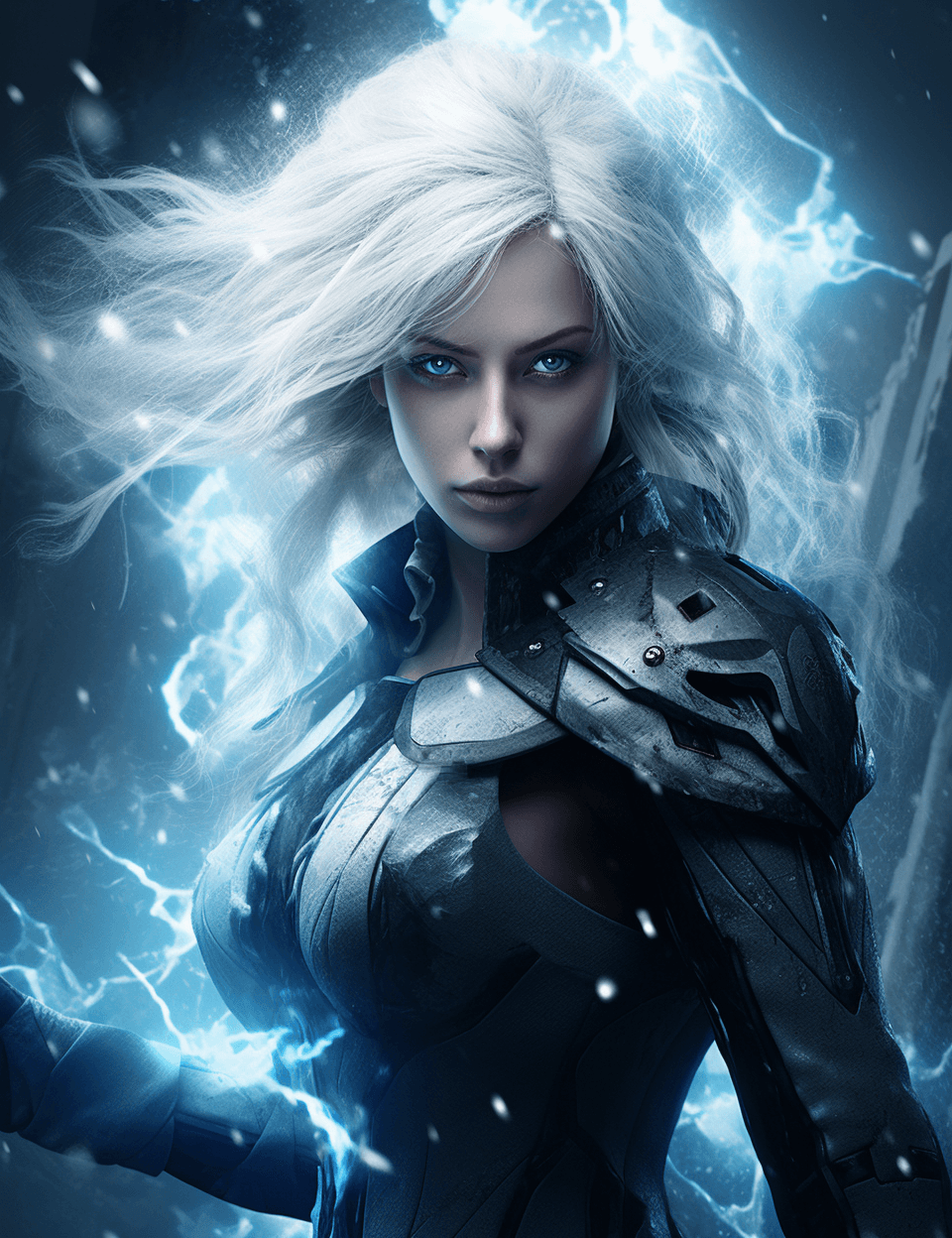 AI generated: A white blond girl with blonde hair wearing her on top, in the style of frostpunk, dark azure and wh...