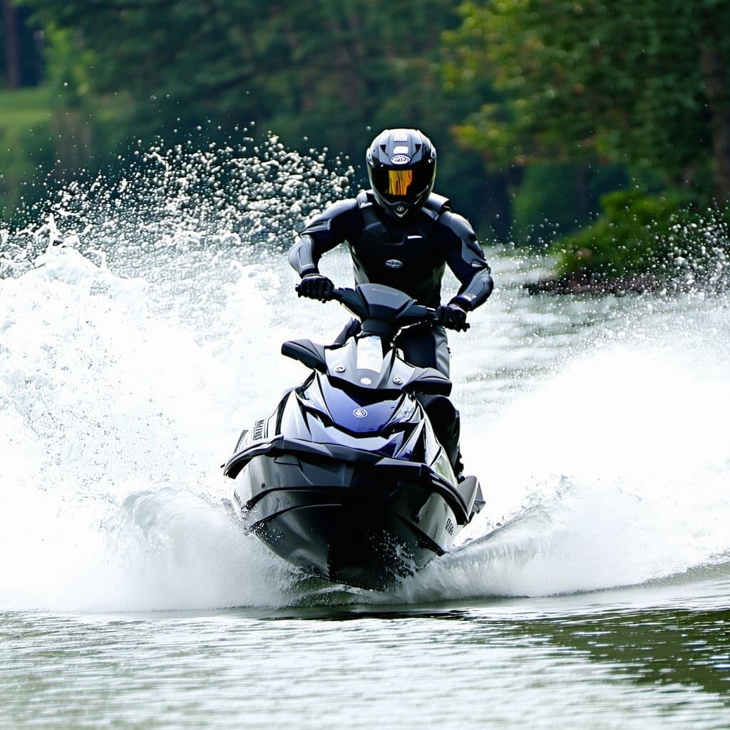 AI generated: photography, sports shooting, dynamic range, dynamic motion with yamaha fx svho jetski black in colo...