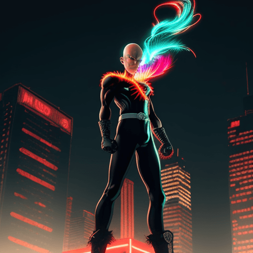 AI generated: high ground angle shot, a character looking like One Punch Man standing on top of a skyscrapper, neo...