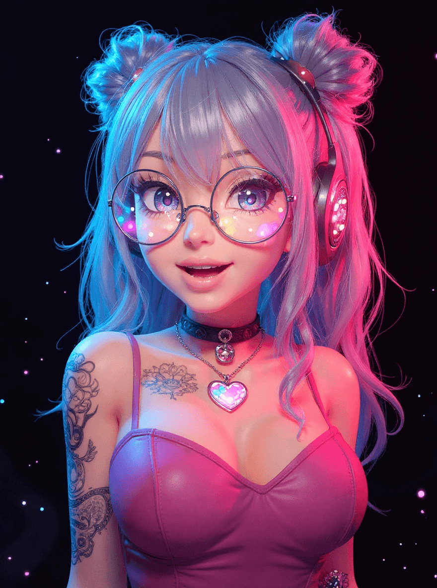 AI generated: A vibrant and dynamic 3D rendered anime character with striking pastel blue and pink hair styled in ...