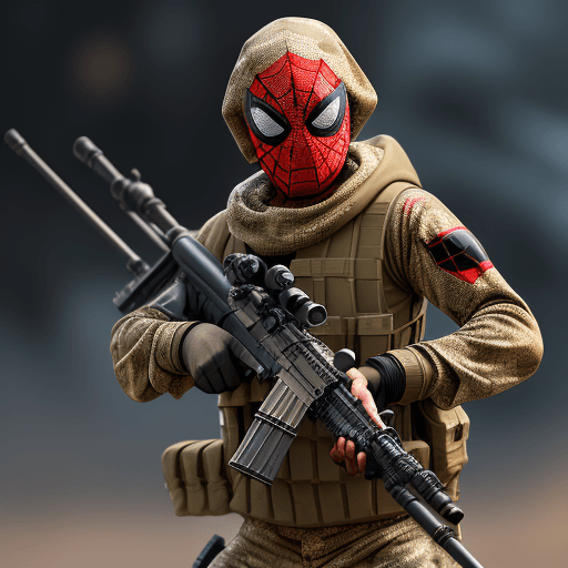 AI generated: Clever chettah wearing costume spiderman camouflage and sniper gear, holding a sniper rifle, anthrop...