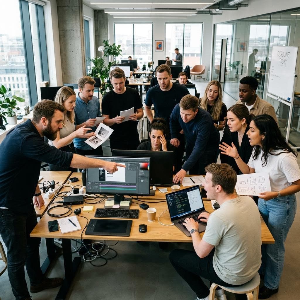 AI generated: A hyper-realistic modern creative agency office during a deadline. One experienced designer sits at ...