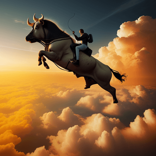 AI generated: A bull flying over golden clouds, photography, DSLR camera, cinematic lighting.
