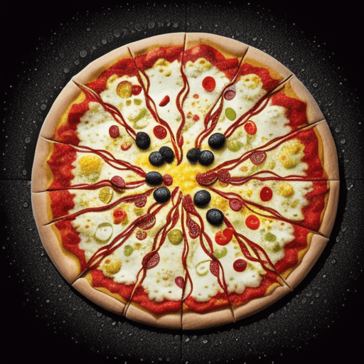 AI generated: large pizza with many toppings, in the style of luminosity of water, lively movement portrayal, dark...