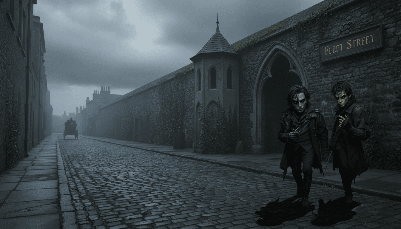 AI generated: Estos personajes caminan por la calle adoquinada (plano derecho) que conduce al corazón de Londres, ...