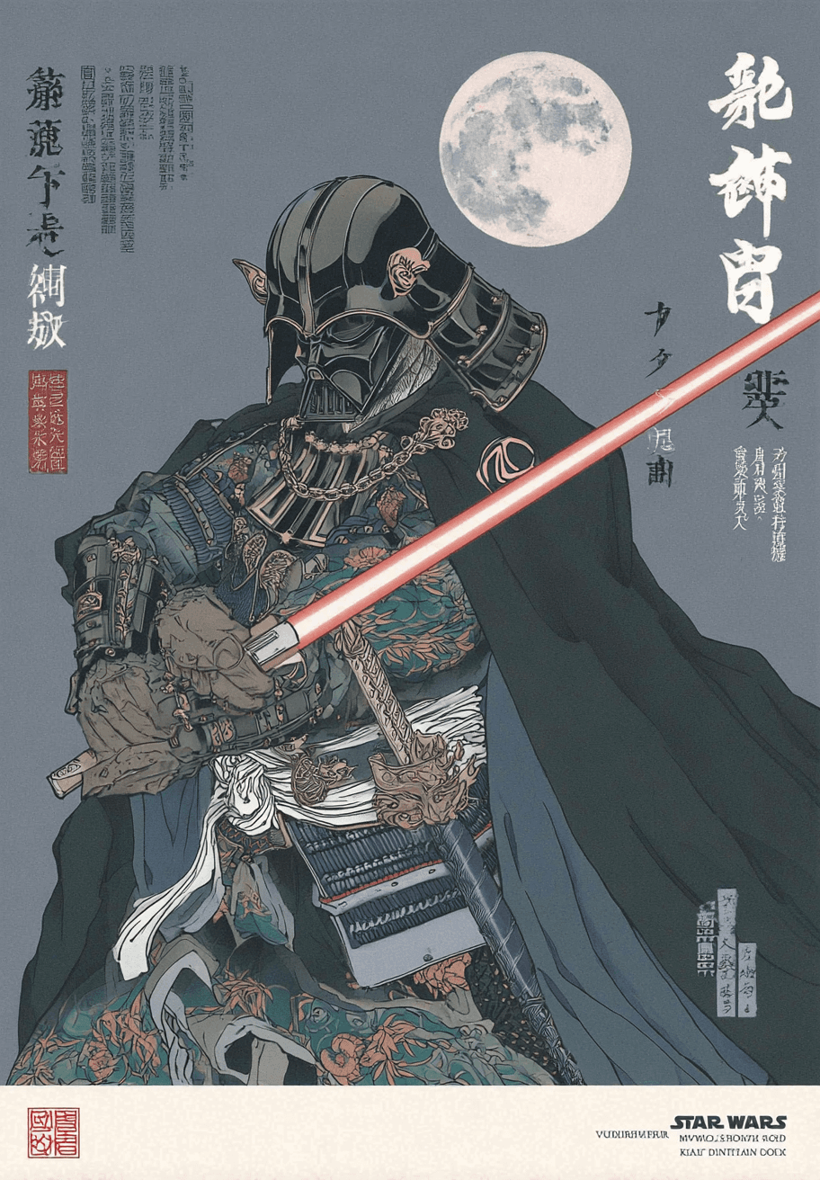 AI generated: A poster for a "Star Wars" celebration in Japan, featuring Darth Vader as a samurai holding a red li...