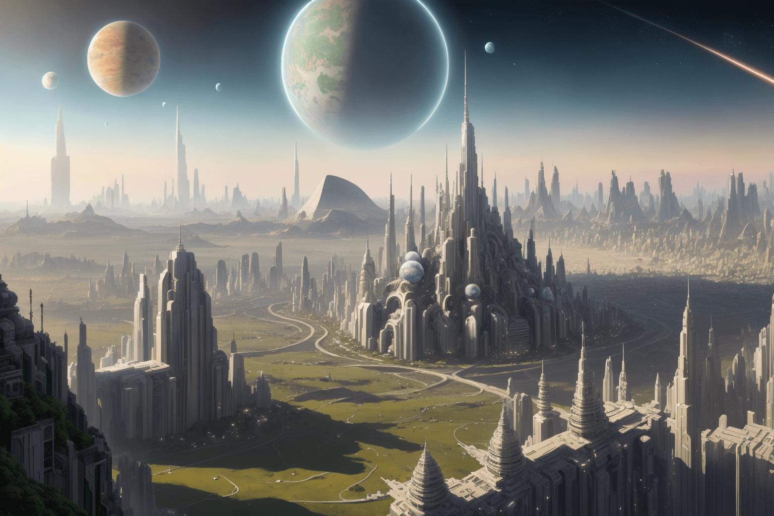 AI generated: a detailed digital painting of a beautiful white sci-fi city, ((intricate city detail)), straight li...