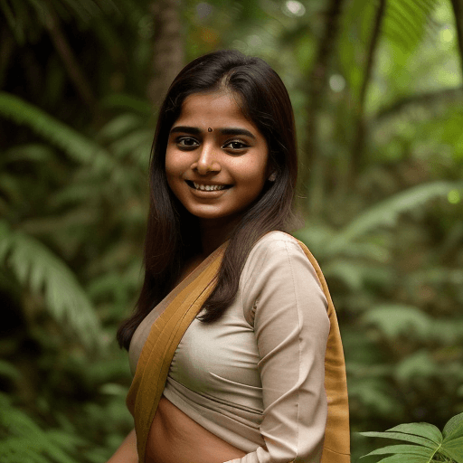 AI generated: A 17 year old Indian girl is posing in a natural trail in a jungle , she is wearing a saree , Her br...