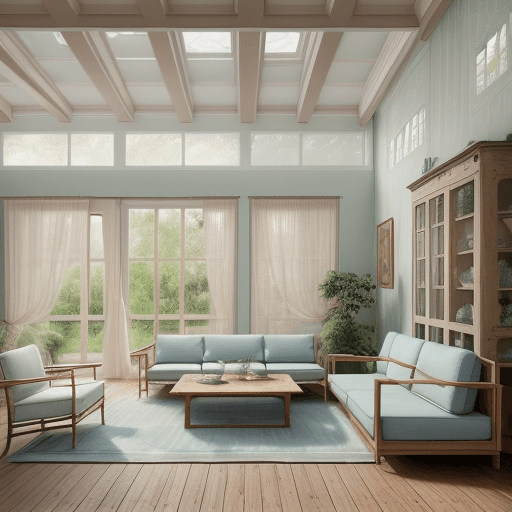 AI generated: Water Color  interior design, dreamy sunken living room conversation pit, wooden floor, small window...