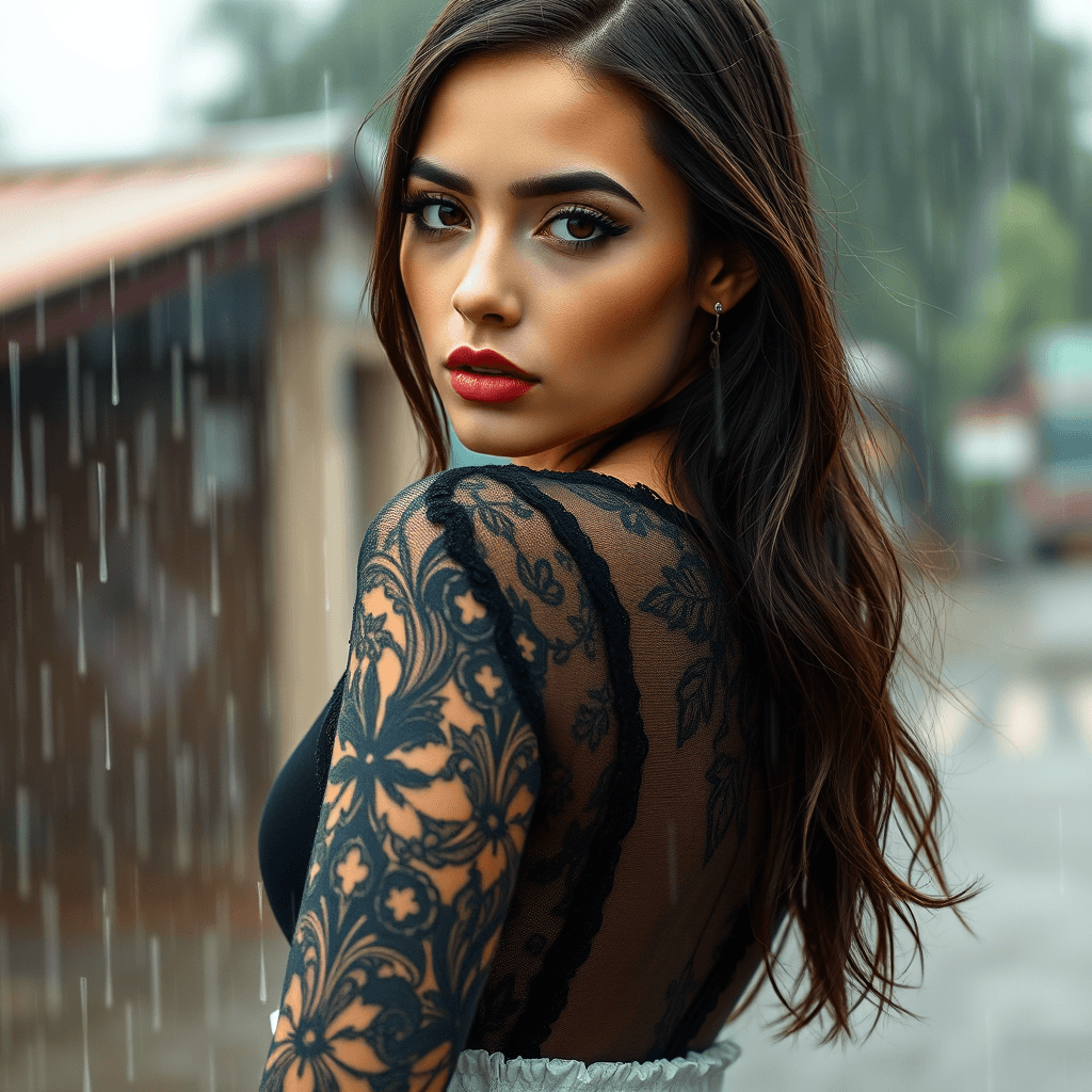 AI generated: A woman stands with her back turned, She has long, dark hair and striking brown eyes. Her outfit is ...