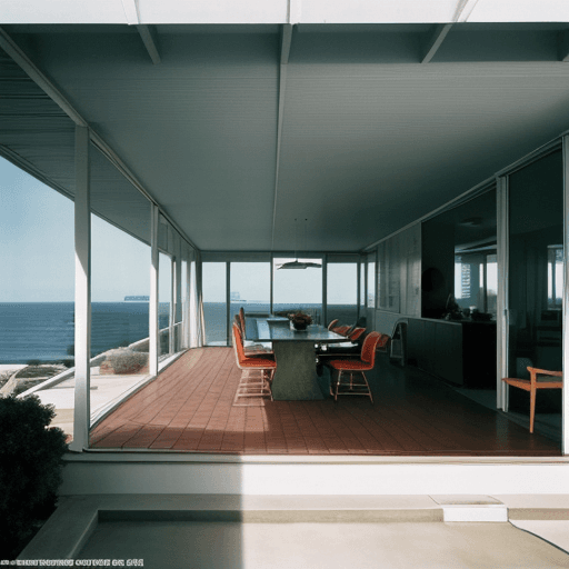 AI generated: Hyper realistic eye level exterior photo of a mid century modern style house overlooking the ocean, ...