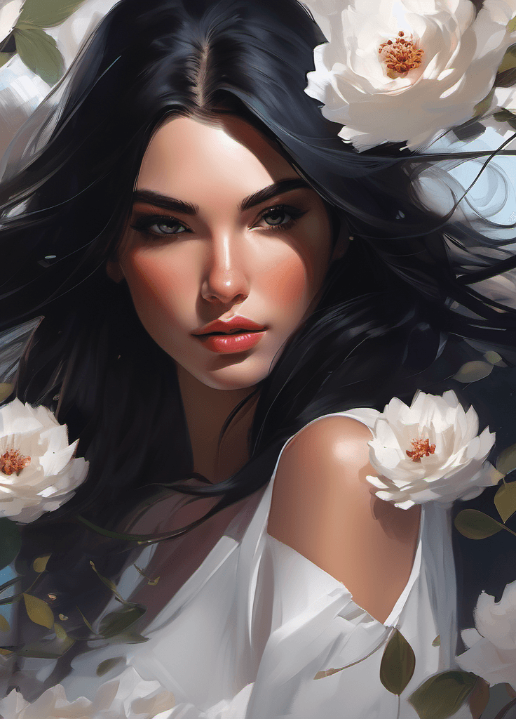 AI generated: digital painting of a young girl with long black hair, view from the bottom, freckles, flirty, weari...
