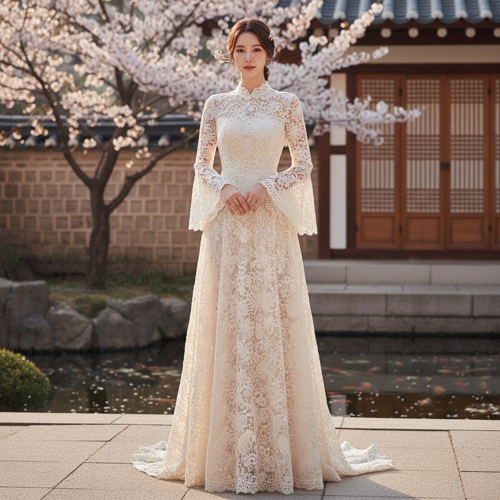 AI generated: A Korean lady in needle lace dress.
