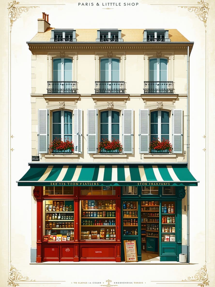 AI generated: Paris 1880, hyperrealistic illustration, a facade of a little shop, front view, elevation, in colour...