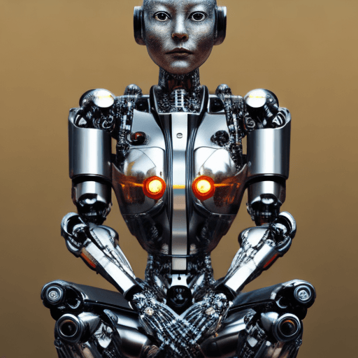 AI generated: Cyborg robot, sitting in a zazen sitting position, vubrant colors, hyperrealistic, cinematic