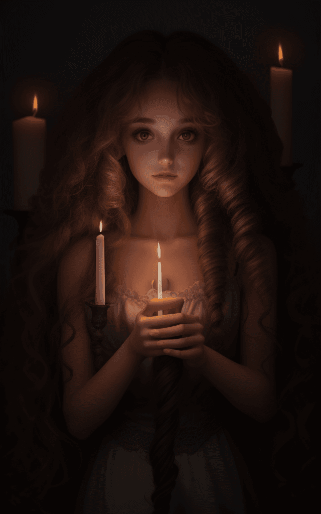 AI generated: a beautyfull girl, long curly haired, darkness, candle light