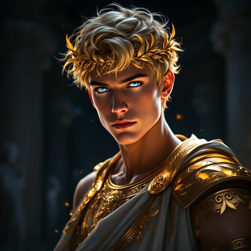 AI generated: /imagine prompt: a highly detailed photorealistic digital illustration of a young Greek god, with a ...