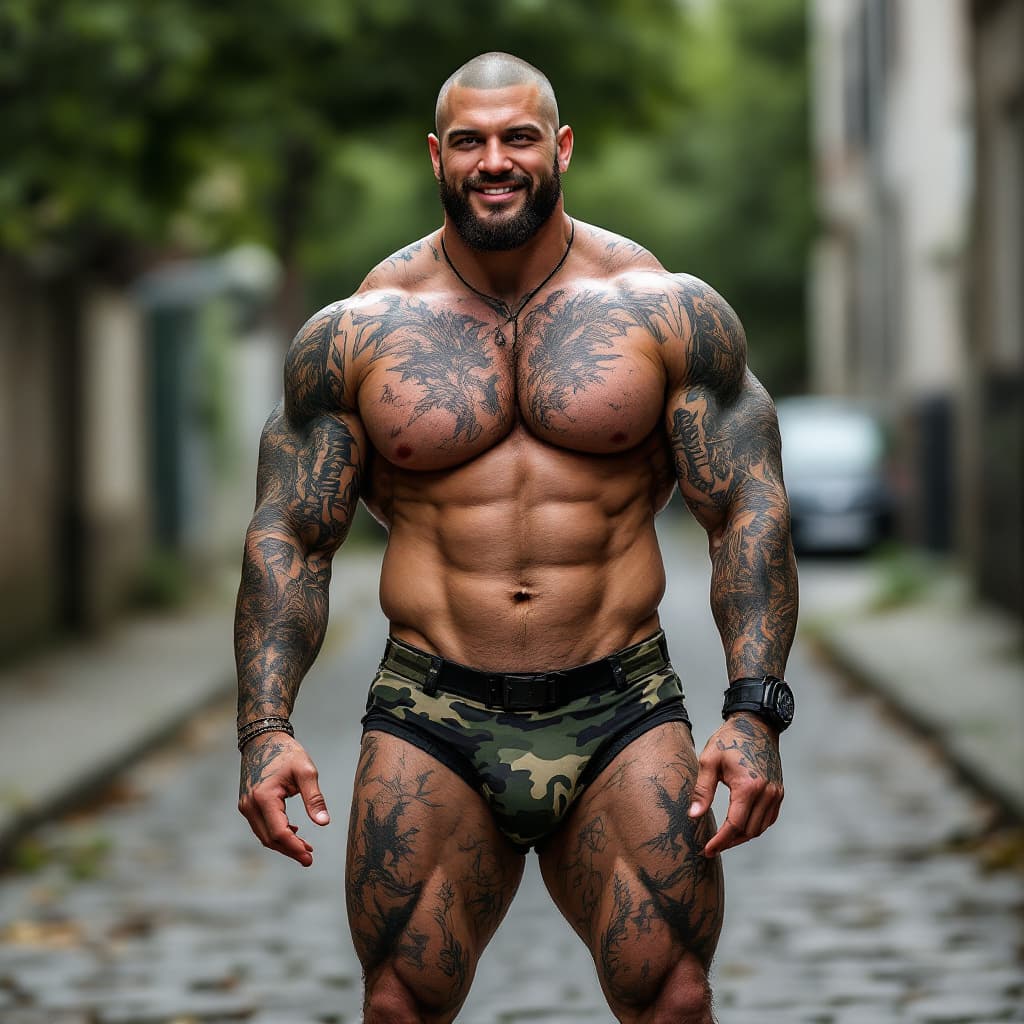 AI generated: Full body image, young tall army muscle, heavily tattooed, slim face, chiseled jawline, shaved head,...