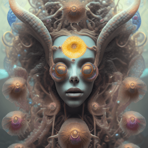 AI generated: Goddess close-up portrait ribcagel. jellyfish phoenix head, nautilus, orchid, skull, betta fish, bio...