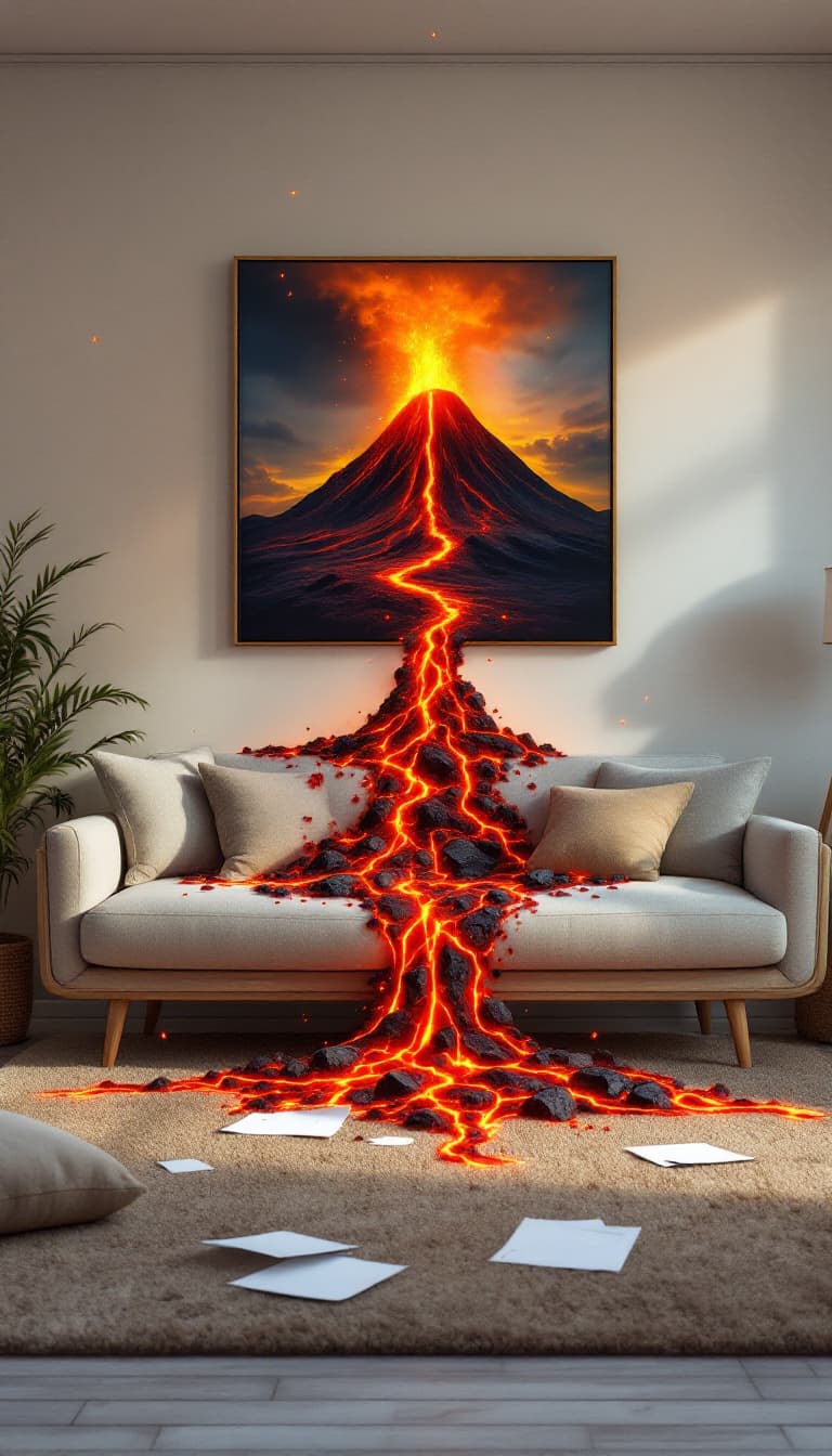 AI generated: A cozy living room features a soft sofa and a warm, textured rug. Above the couch hangs a dramatic p...
