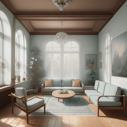 AI generated: High resolution photography interior design, dreamy sunken living room conversation pit, wooden floo...