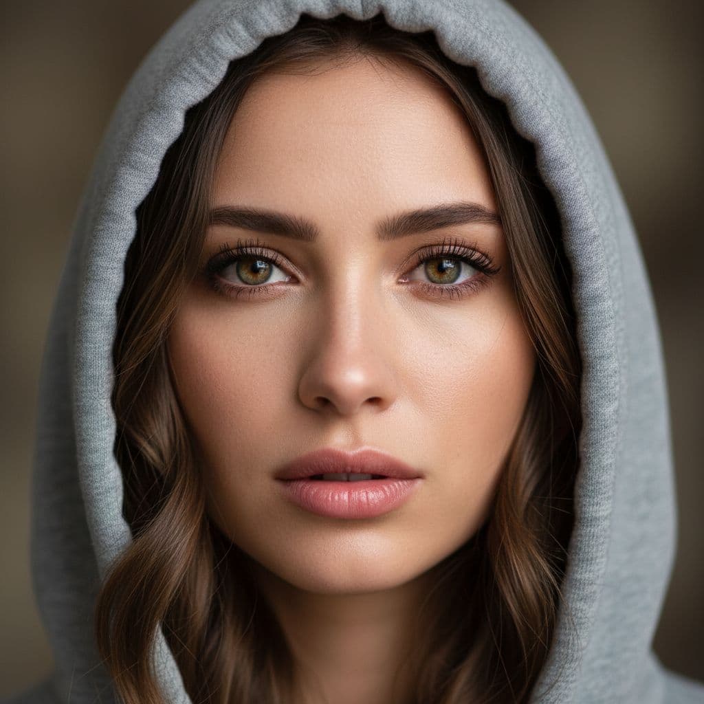 AI generated: Up-close, face only portrait of absolutely gorgeous lady wearing hoodie. she has hauntingly beautifu...