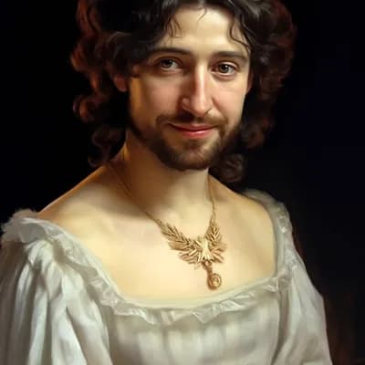 AI generated video: A man dressed as woman looks up from his book to look at the camera and smile, 16th century