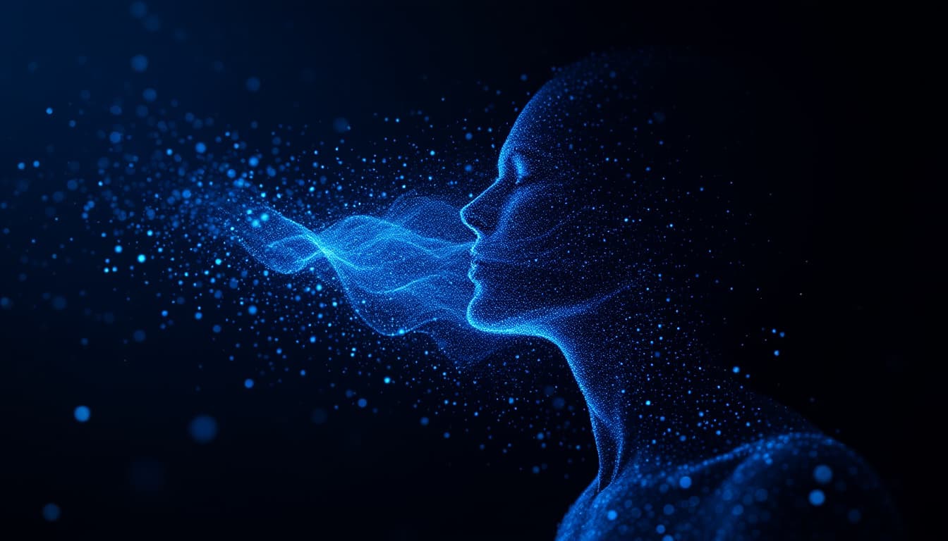 AI generated: Concept: Floating particles (dots, light streaks) converging into a human form, representing data-dr...