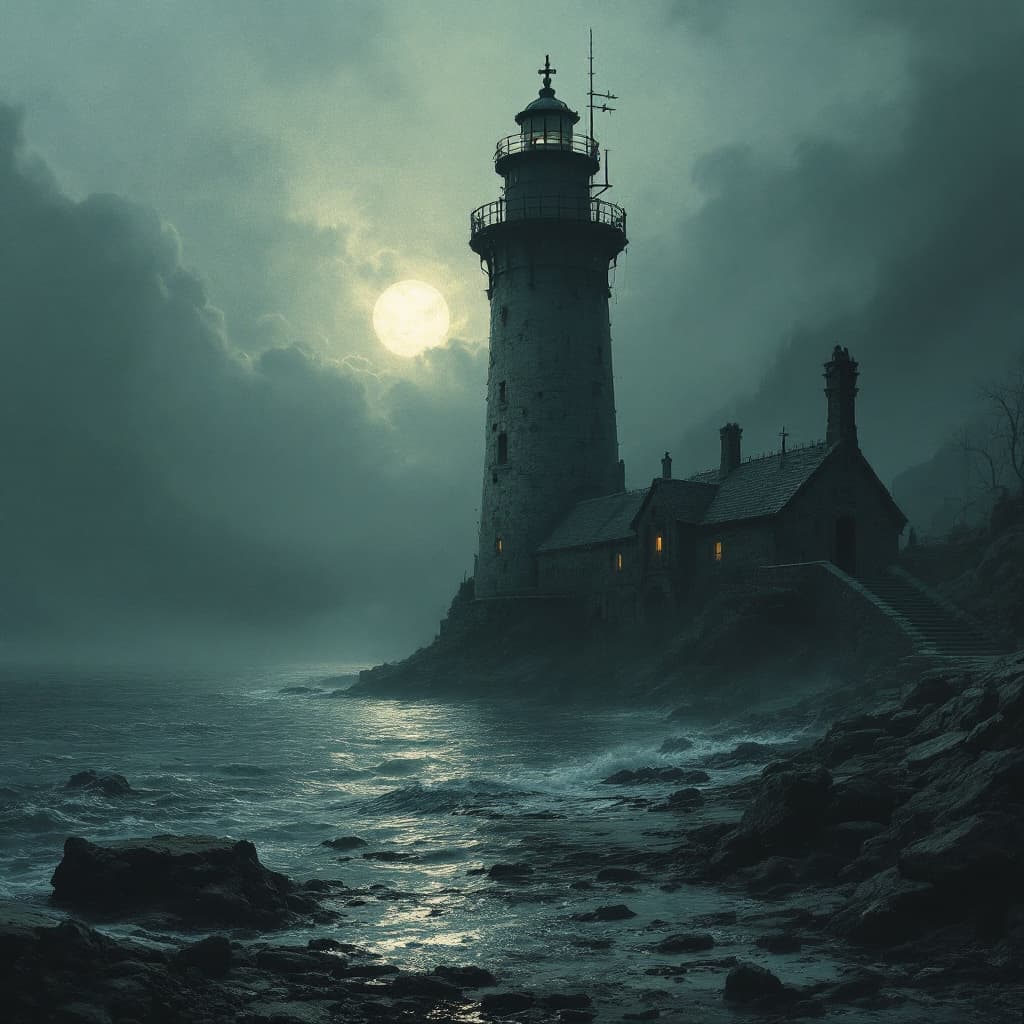AI generated: old harbour with lighthouse dungeon synth dark atmospheric melancholic next to lighthouse old ship m...