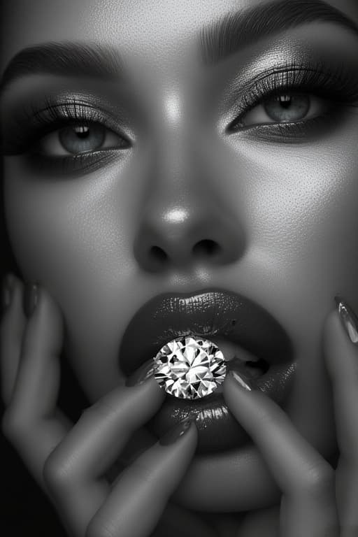AI generated: Close-up portrait of a glamorous woman, holding a large, sparkling diamond between her lips, black a...