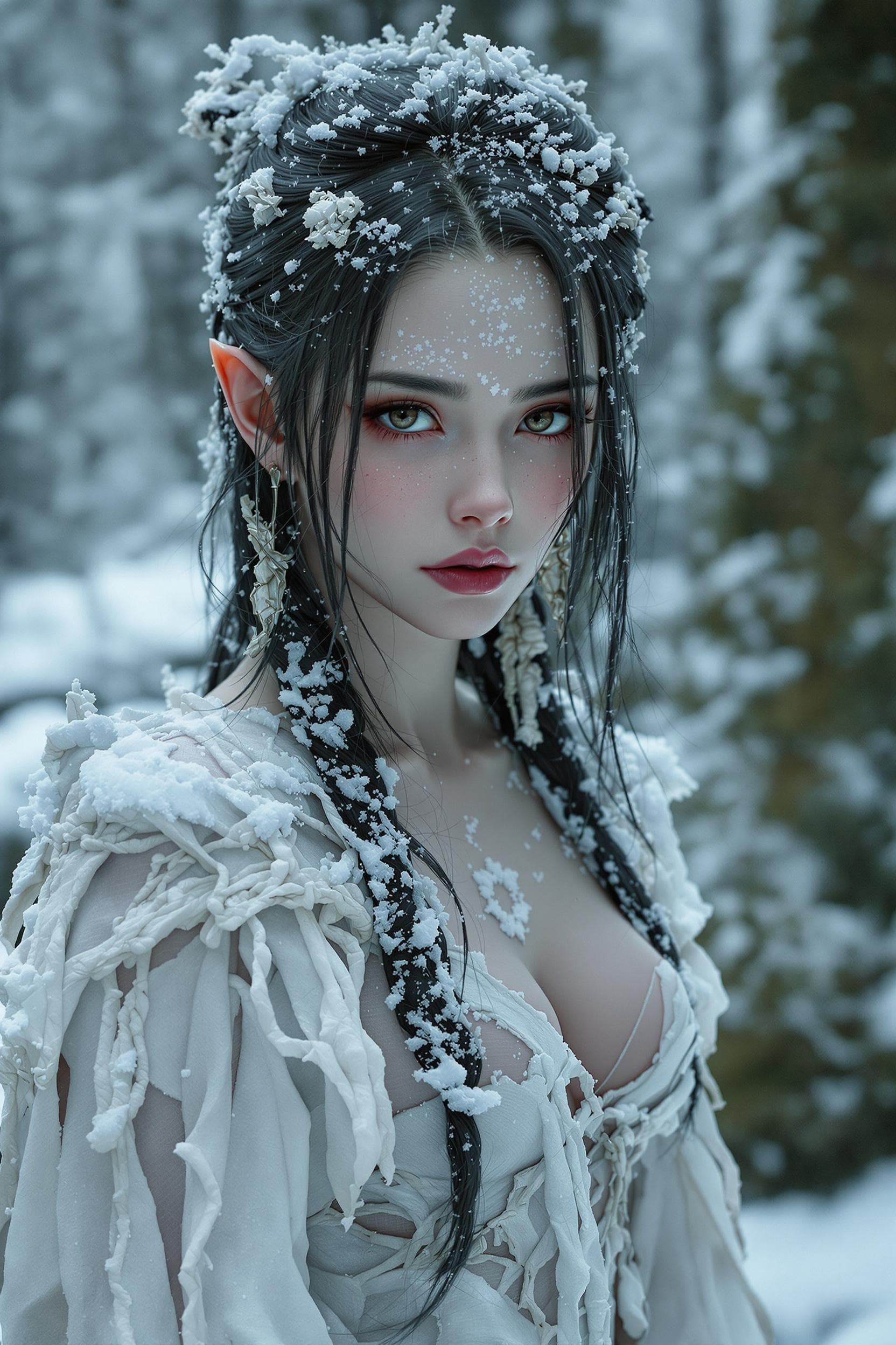 AI generated: 25 year old slender girl, photo of a seductive Yuki-onna druid, hyper detail, intimate facial expres...