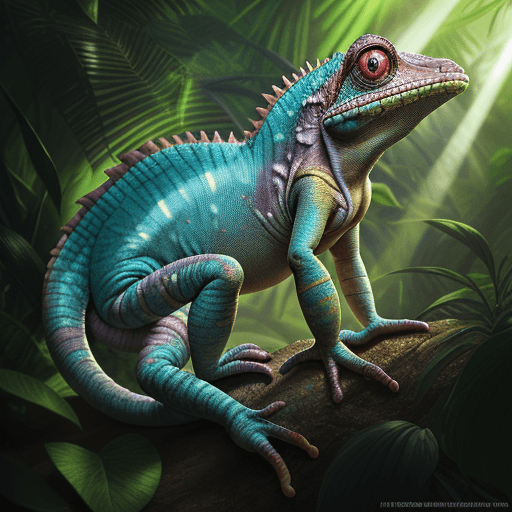 AI generated: Full-body chameleon fantasy animal in the jungle, closeup, ultra detailed, fairy lighting, photoreal...