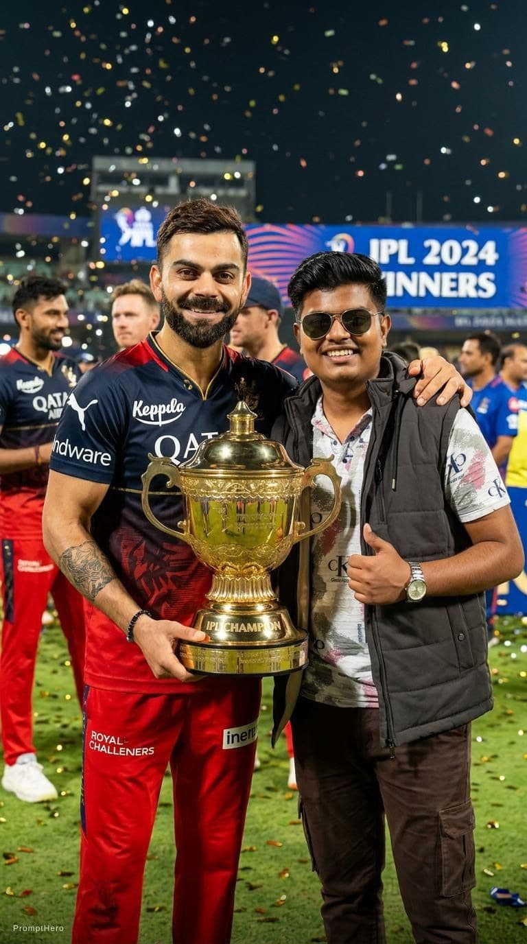 AI generated: Combine these two photos and make me to stand beside virat kohli with the ipl cup. Make virat giving...