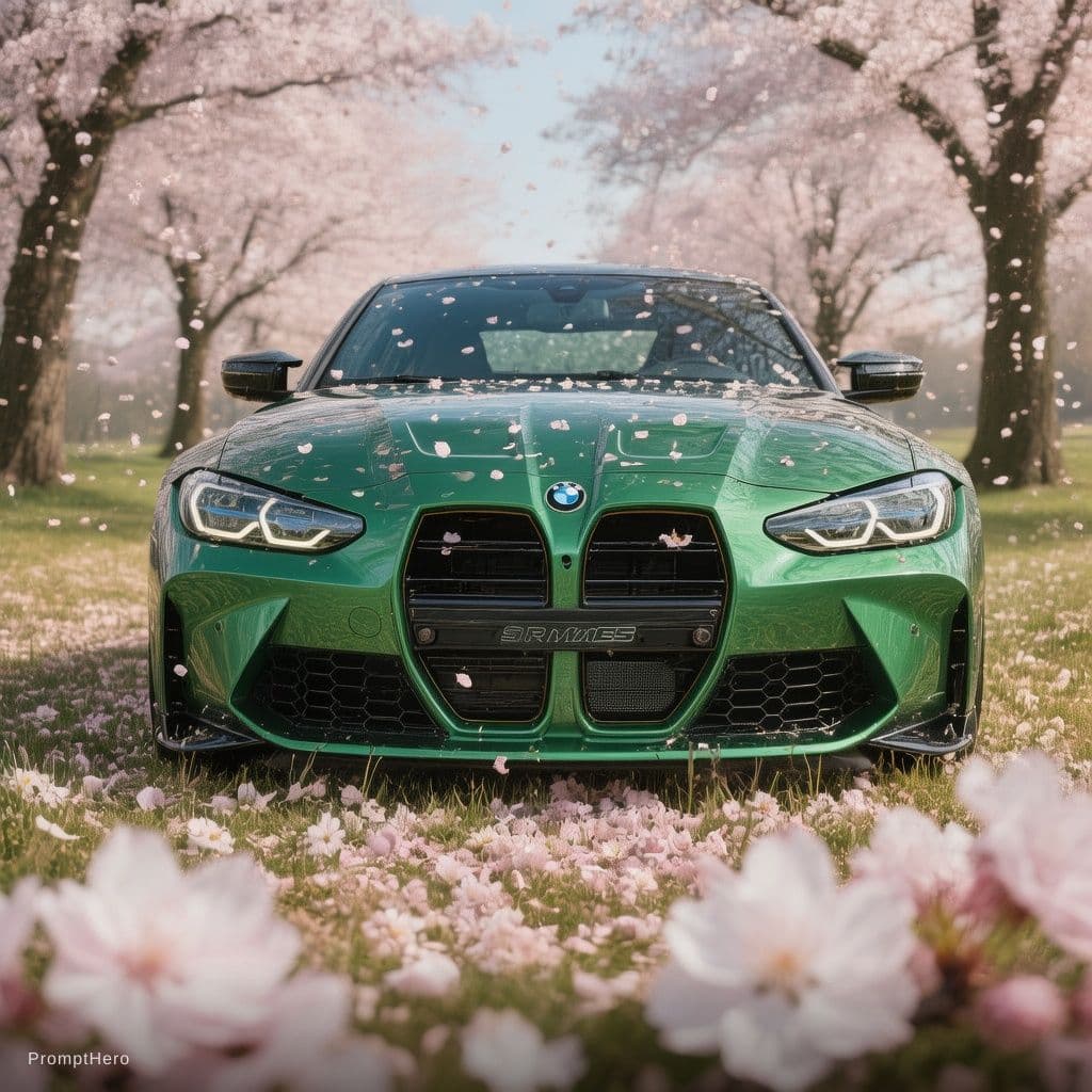 AI generated: extremely low shot of a forest green BMW M4 in a field of flowers, add sakura petals in the foregrou...