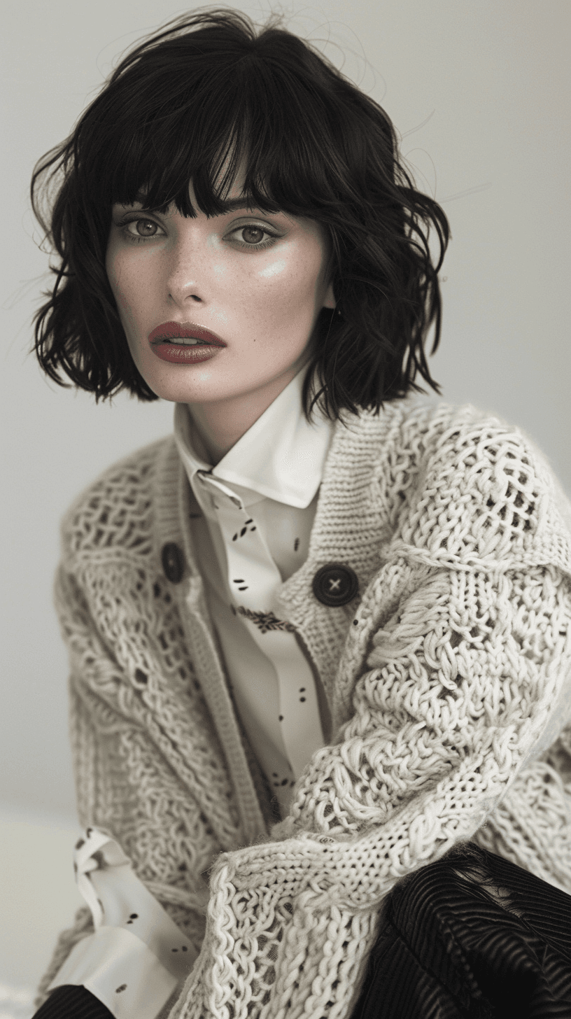 AI generated: Photography for fashion magazine, model woman with black hair sitting looking at the camera, wearing...