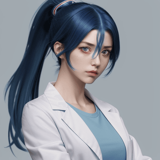 AI generated: stoic scientist, deep blue hair, shoulder length hair, ponytail, lab coat, bandages, deep blue eyes,...