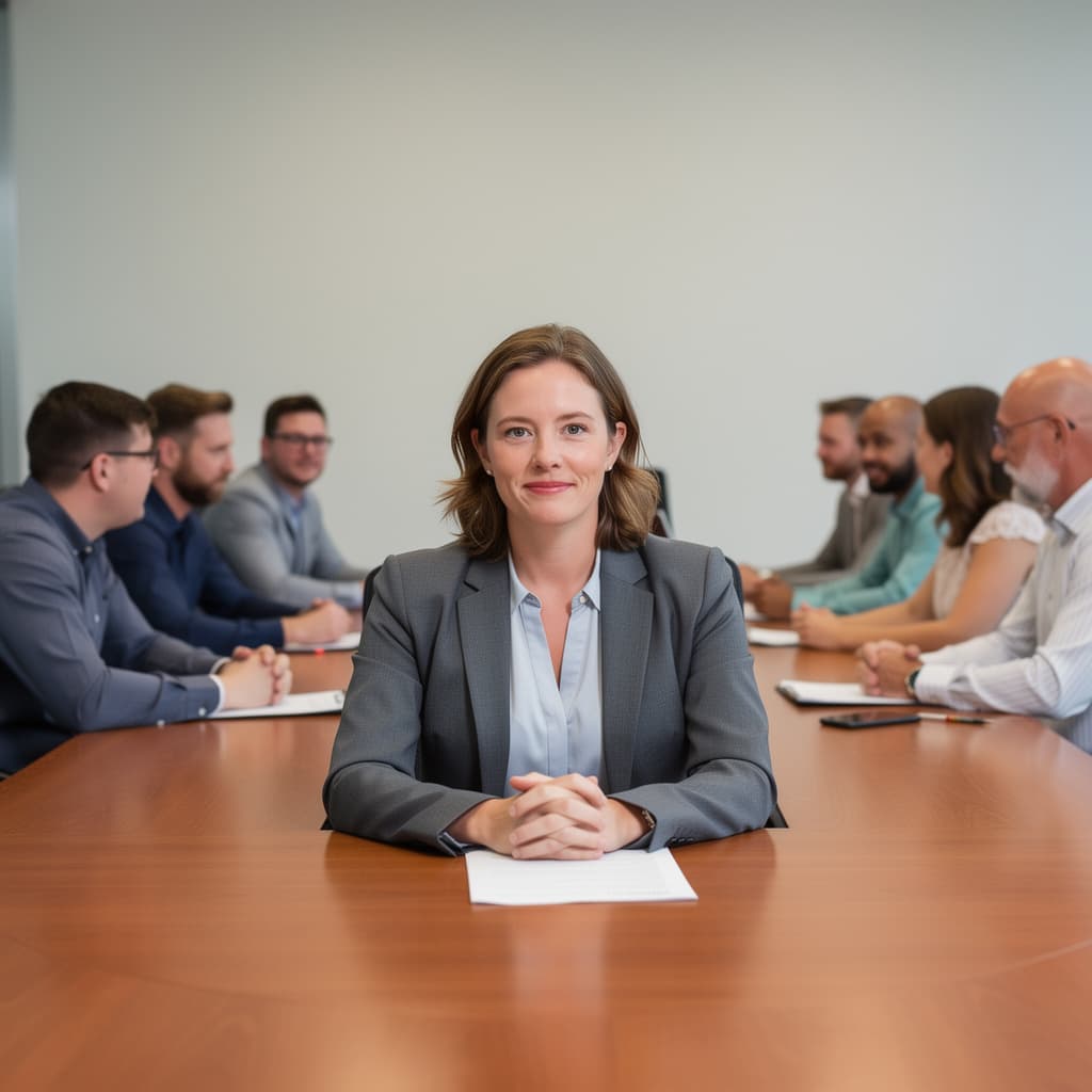AI generated: Casual, candid photo of people in an office conference room. The layout is horizontal. A 18yo woman ...