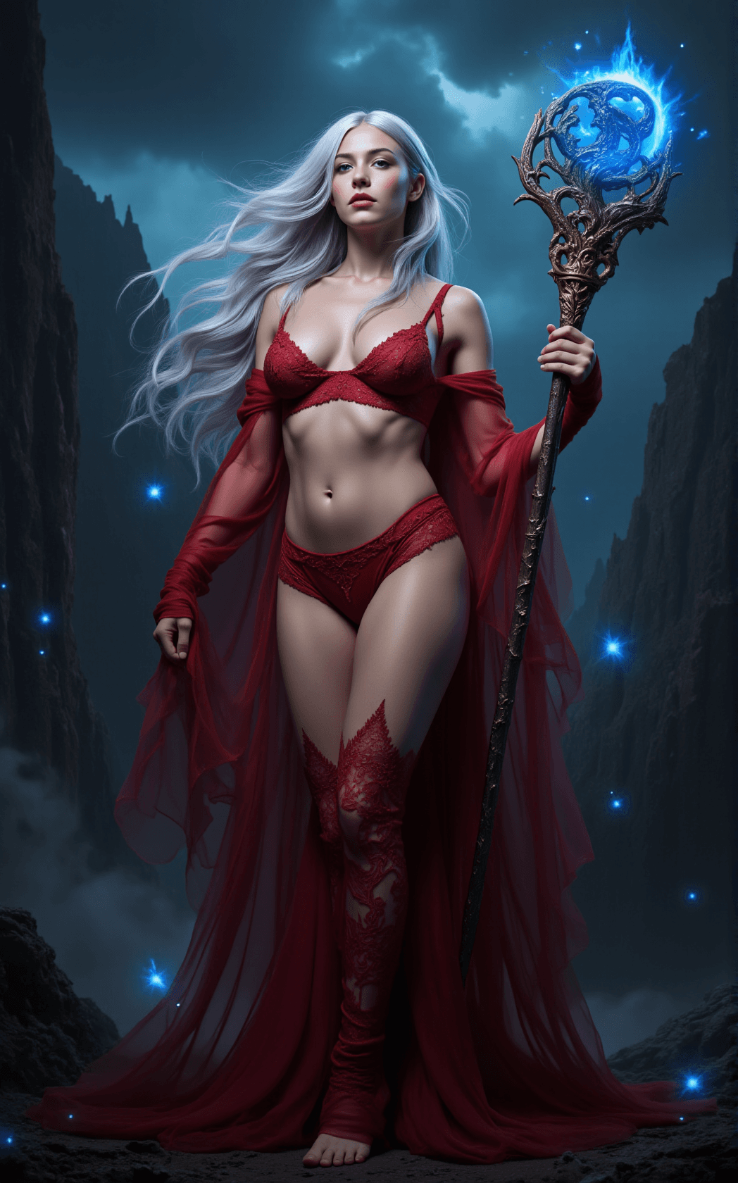 AI generated: A powerful sorceress, embodying both elegance and raw magical energy. She stands confidently, her lo...